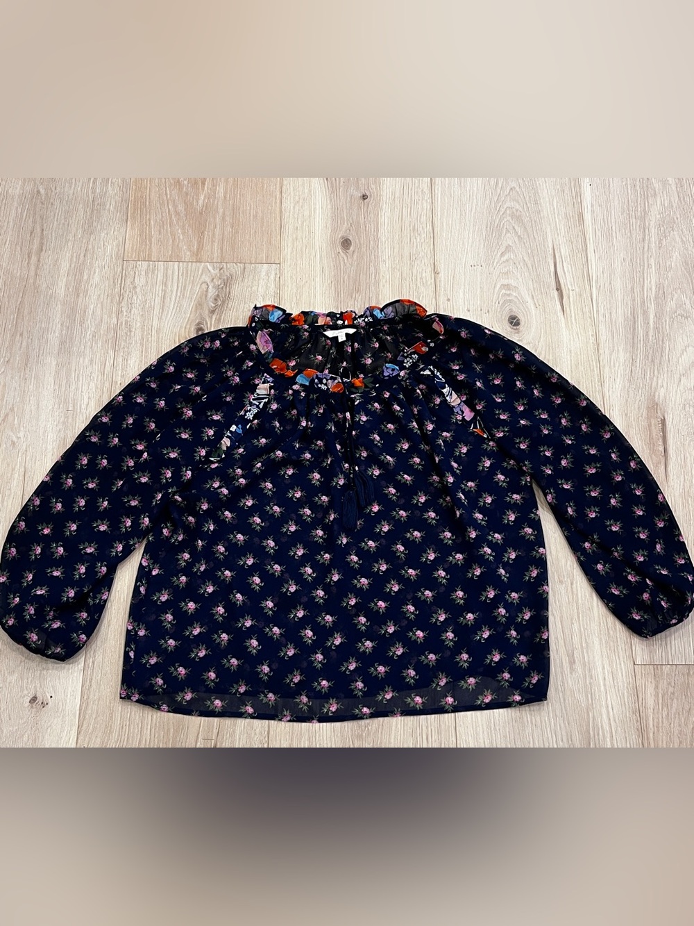 Beltaine Boho Floral Chiffon Blouse Size M Navy Ruffle Tassel Long Sleeve